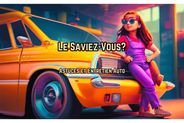 Astuces et entretien auto ecris sur l'image d'une femme assise sur une voiture jaune dans un garage