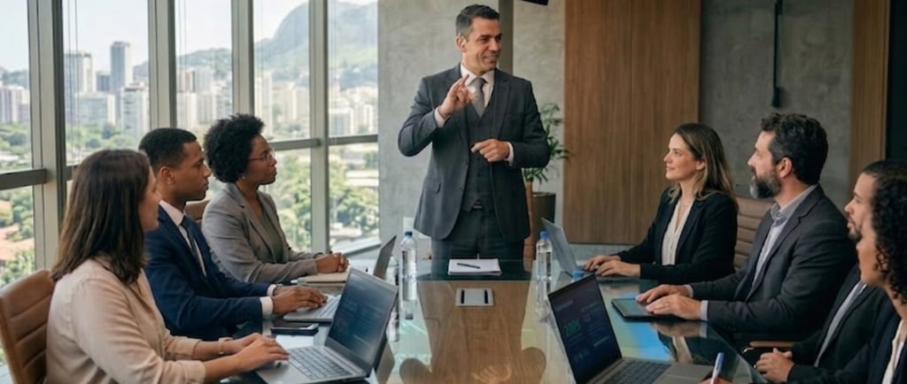 Homem Surdo fazendo reunião a sua equipe todos conversam em libras