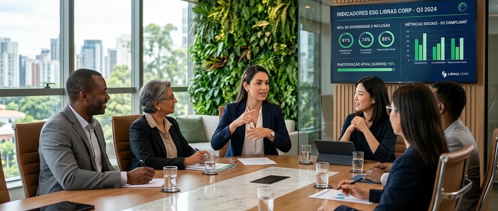 Reunião executiva inclusiva com profissional sinalizando Libras e indicadores ESG.
