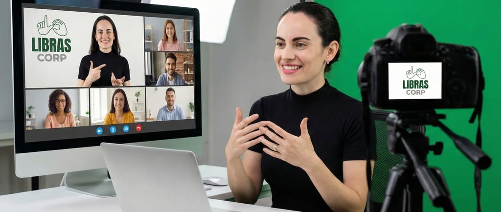 Alt> uma mulher ensina libras online usando a plataforma zoom várias pessoas logotipo da Librascorp