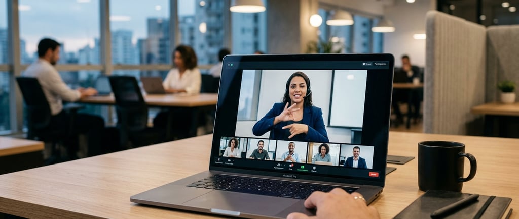 Videochamada em notebook com instrutora de Libras no escritório.