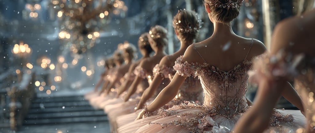 Ballerinas in intricate, pink tutus stand in line inside an ornate, chandelier-lit hall.