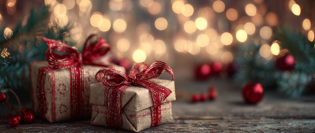 Rustic Christmas scene with burlap-wrapped gifts tied with red ribbons on a wooden surface.