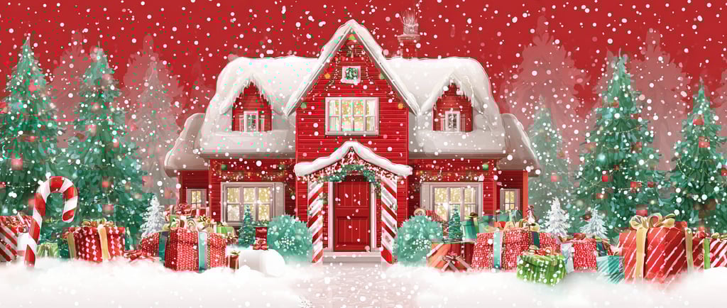 Cozy red Christmas cottage covered in snow, surrounded by decorated pine trees and colorful gift box