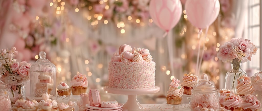 A pastel pink dessert table featuring a sprinkle-topped cake, cupcakes, macarons, and flowers. Soft