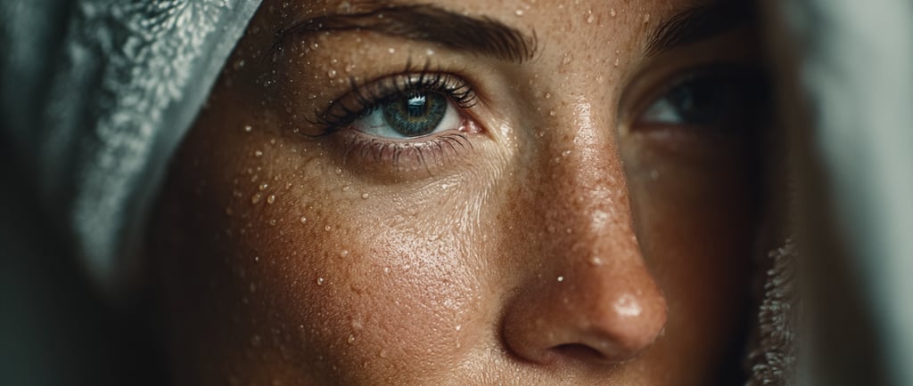 Close-up of a person's face with water droplets on the skin, wrapped in a towel. 