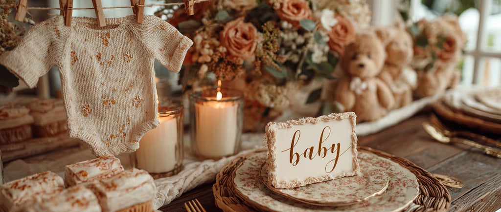 A cozy baby shower table setup with floral plates, golden cutlery, and a "baby" card.
