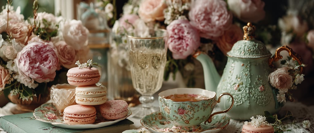 Vintage tea set with floral patterns, pink and white macarons on a lace tablecloth