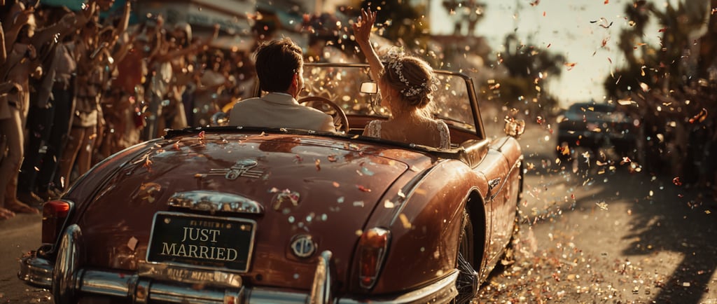"Newlyweds drive away in a vintage convertible with a 'Just Married' sign.