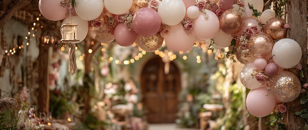 Romantic archway decorated with pink, white, and rose gold balloons, intertwined with roses and soft