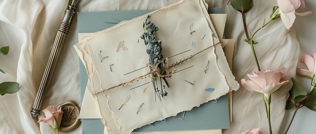 Delicate stationery on white fabric, tied with twine and dried flowers. Nearby are pink roses