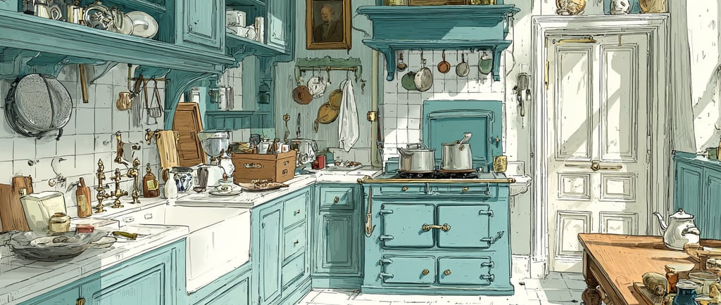 Vintage kitchen with turquoise cabinets, a large stove, and shelves filled with pots and dishes.