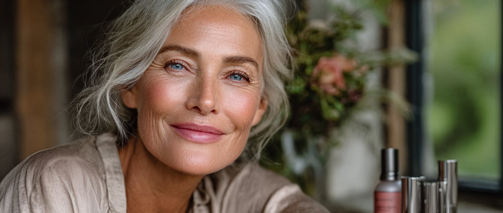 A woman with long gray hair is smiling softly. She has a relaxed expression, with natural lighting