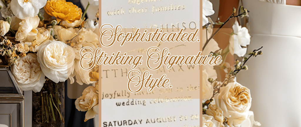 Elegant wedding invitation surrounded by cream and yellow flowers, next to a bride in a white gown. 