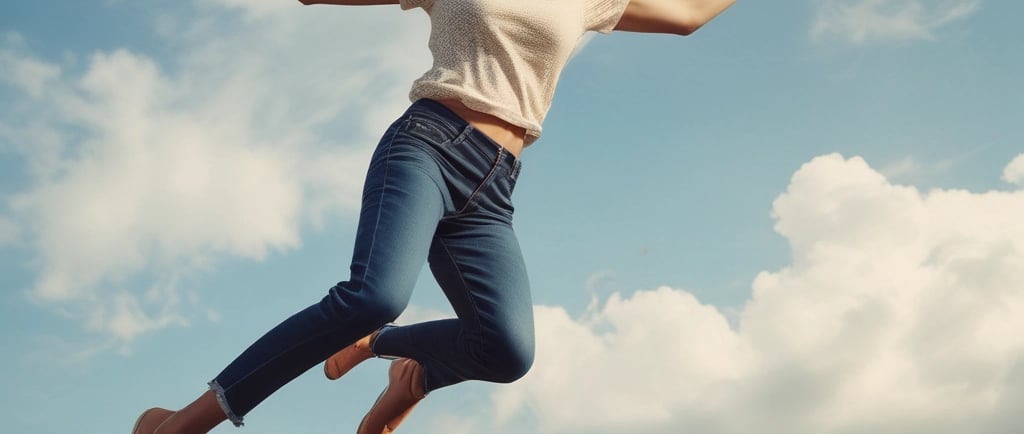 a woman is jumping in the air with her arms outstretched out