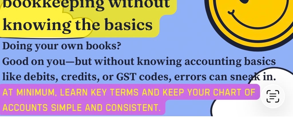 JustWise Accounting infographic explaining DIY bookkeeping mistakes and tips for managing debits and credits.