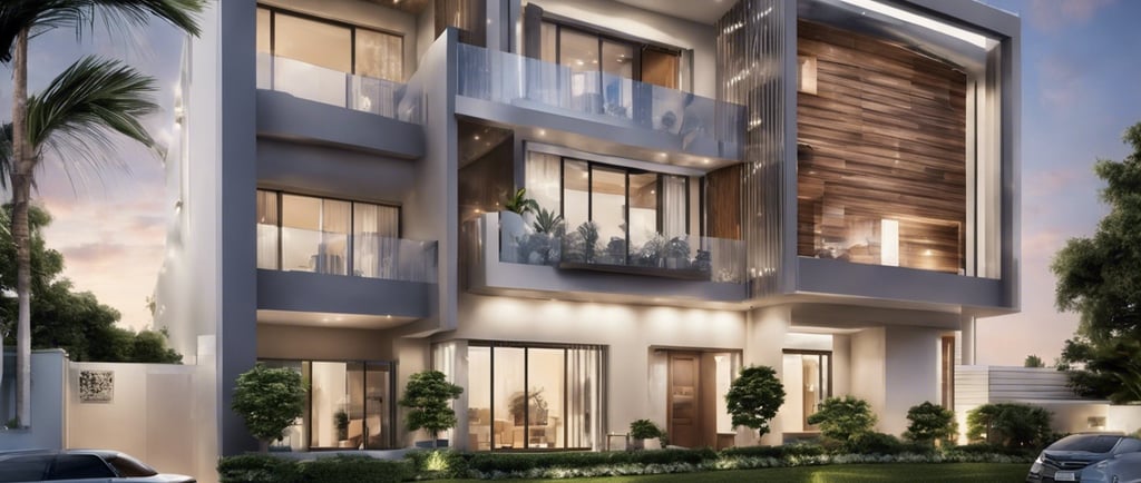 a modern house with a large balcony and a car parked in front of it