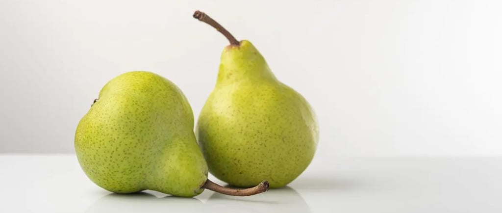 two bosc pears with white background