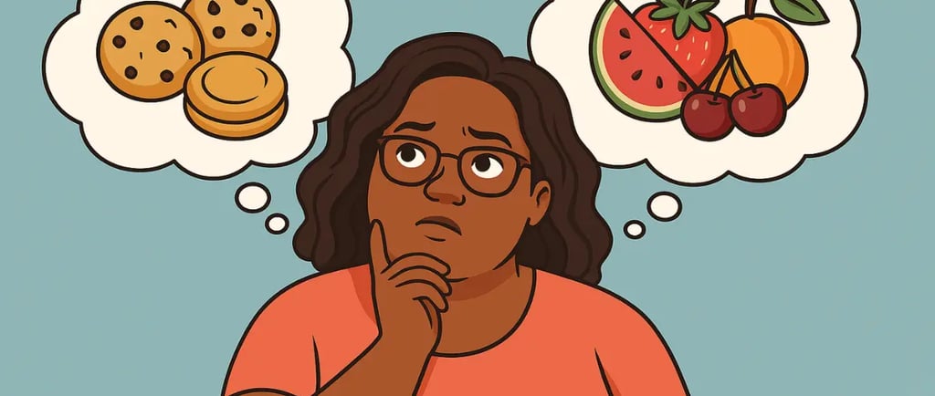 Cartoon image of a plus-size woman thinking about food choices, with one thought bubble showing cookies and the other showing