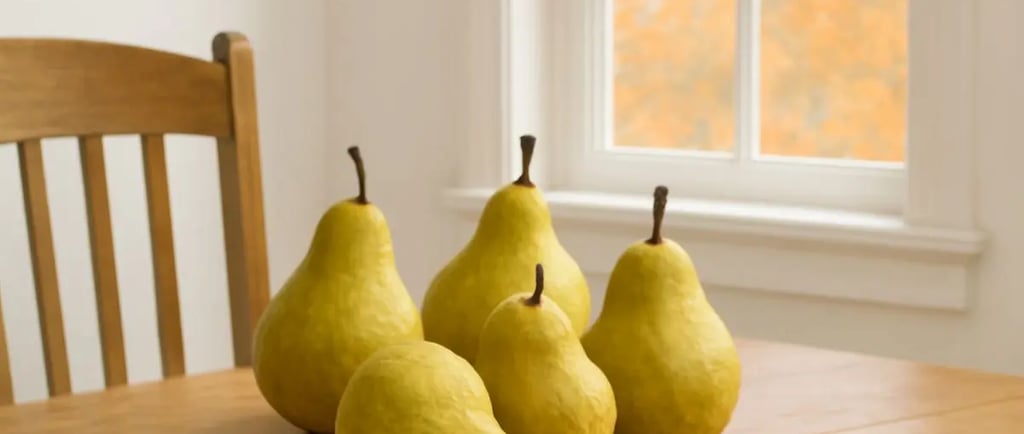 Five ripe Bartlett pears on a wooden kitchen table, with soft autumn light streaming through a window and fall foliage