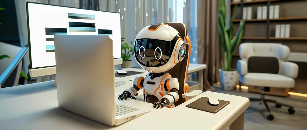 A realistic styled cartoon of a robot working at a computer