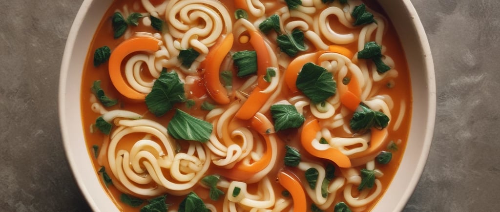 A steaming bowl of vegetable soup garnished with fresh herbs and colorful vegetables.