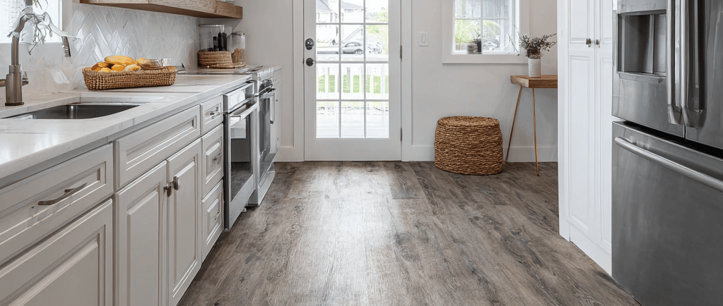 Modern Katy, Texas kitchen featuring water-resistant vinyl flooring installation with wood-look plan