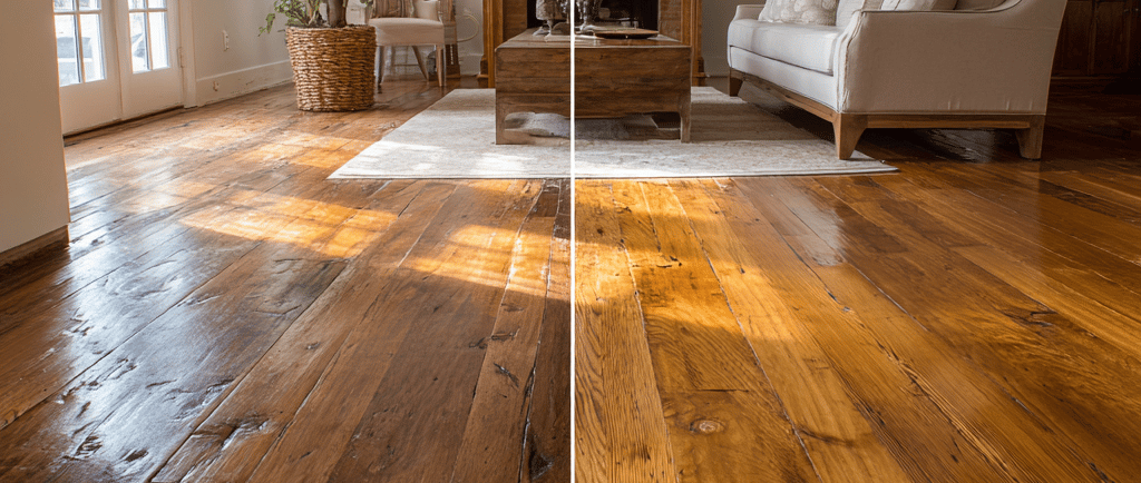 A split-screen image showing "before and after" of a Katy home's living room floor transformation