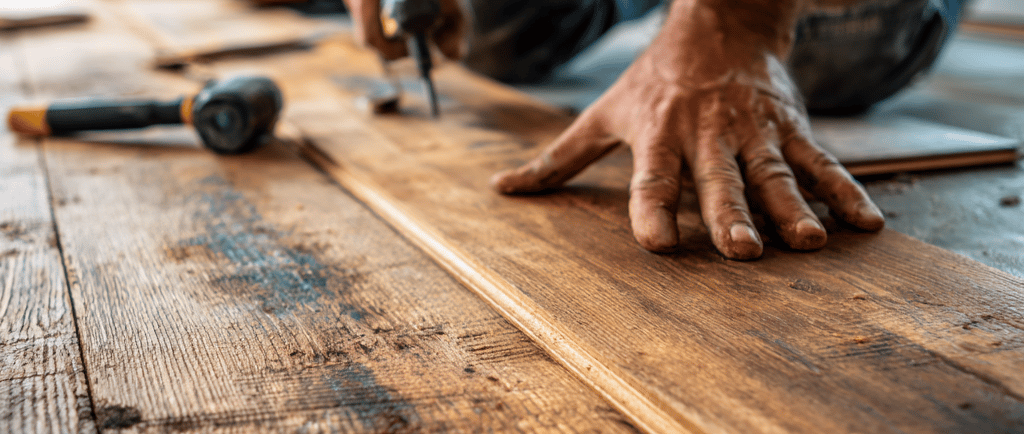 A close-up action shot of skilled hands installing hardwood flooring, showing precision tools and th