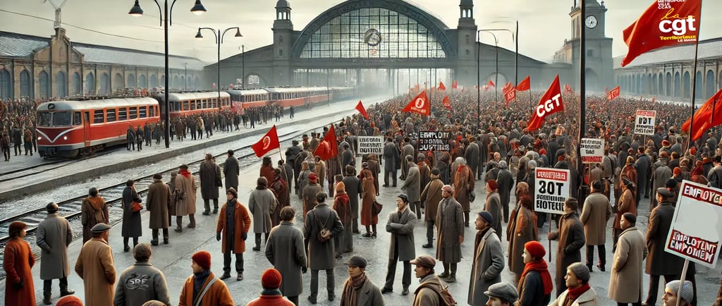 Image de manifestants modernes, habillés de styles variés et tenant des drapeaux rouges et des pancartes, rassemblés devant u