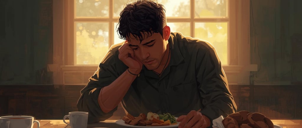 Person reflecting on food and emotions, Friend Indeed emotional support resource on eating disorders