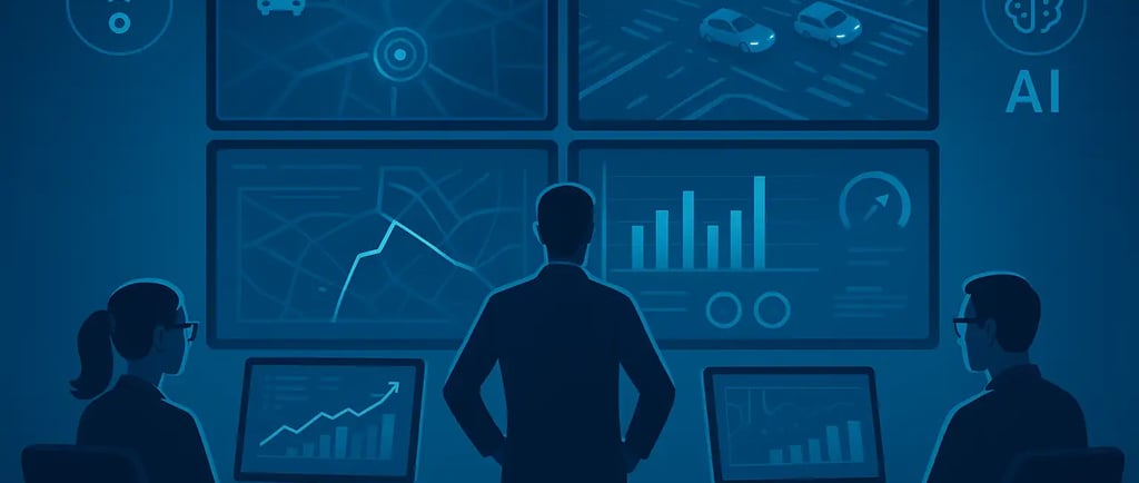 A team monitoring screens with traffic data, IoT sensors, and AI dashboards.