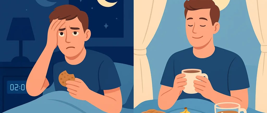 A variety of sleep-friendly foods including bananas, almonds, chamomile tea, and warm milk placed on a wooden table for bette