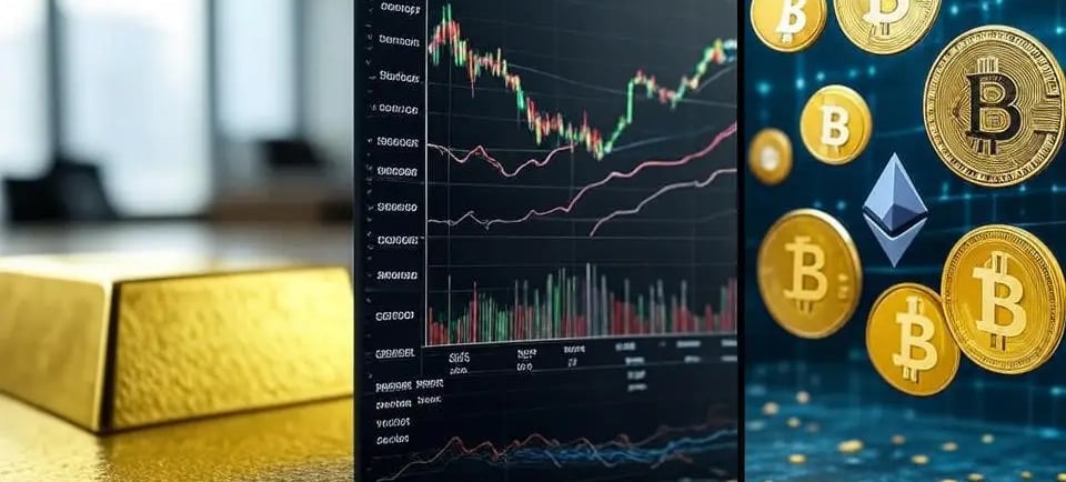 Comparison of gold bars, stock market chart, and cryptocurrency coins representing investment options.