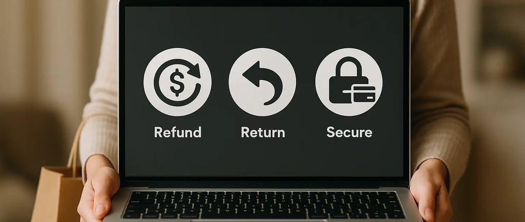 Illustration of a shopper holding a laptop with icons of refund, return, and secure payment representing consumer rights
