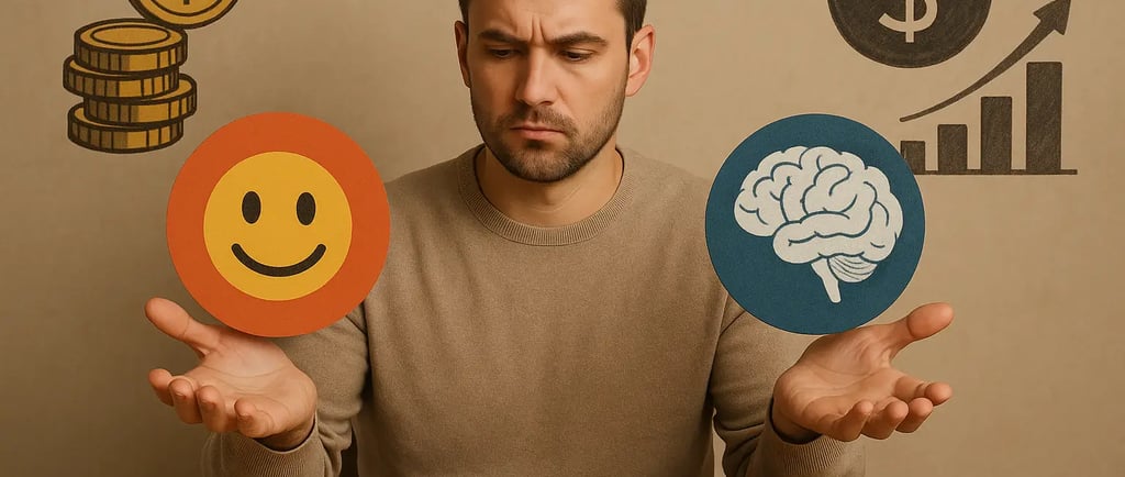 Illustration of a person choosing between emotions and logic in financial decisions, with money symbols around