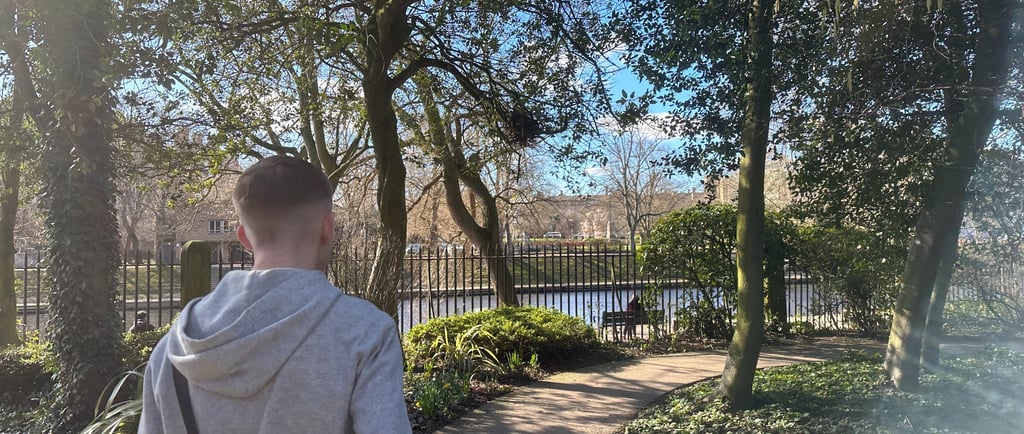 a man walking down a path with a dog