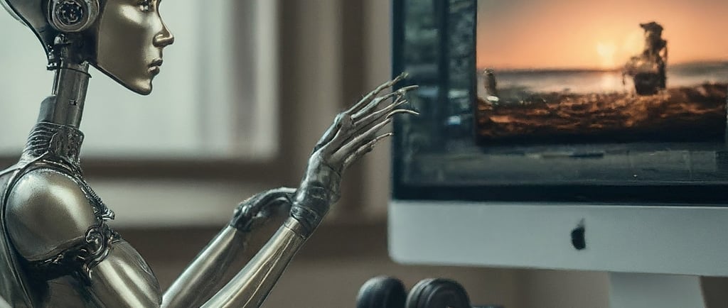 a robot is sitting at a desk with a computer monitor and a keyboard