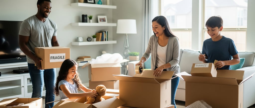 a family moving boxes with a child in a living room