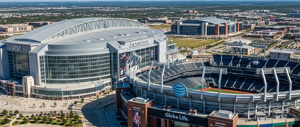 Panoramic aerial view of AT&T Stadium and Globe Life Field in Arlington, Texas, showing both iconic