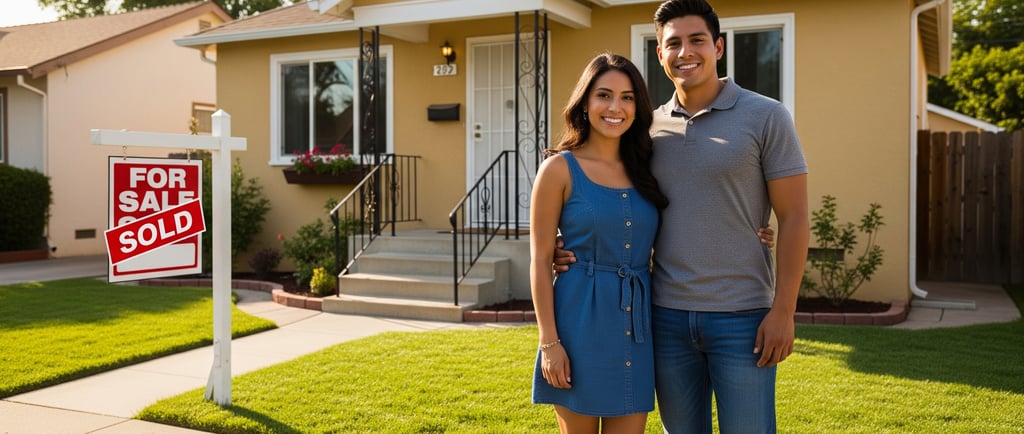 a man and woman standing in front of a for sale sign