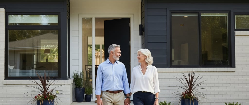 a man and woman walking in front of a house