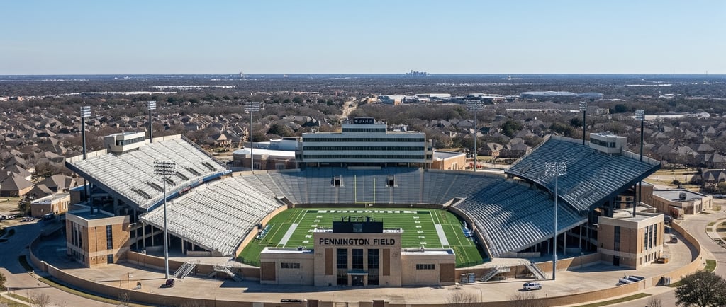 Aerial view of Pennington Field in Bedford, Texas, a large high school football stadium surrounded b