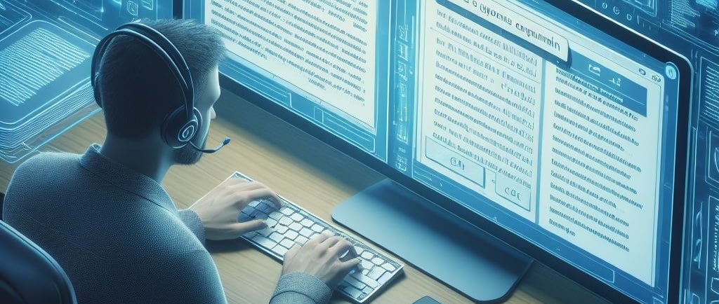 a man sitting at a desk with a computer monitor and a keyboard