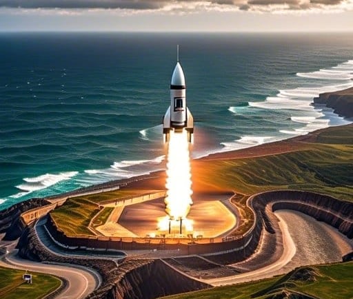 a rocket rocket ship launching into the sky