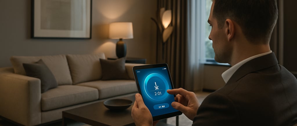 Sala moderna e uma pessoa controlando luz ou climatização por tablet/smartphone 