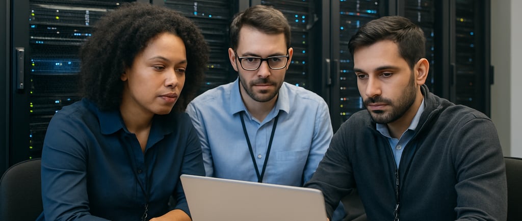 equipe de TI atendendo empresa via notebook, com servidores ao fundo