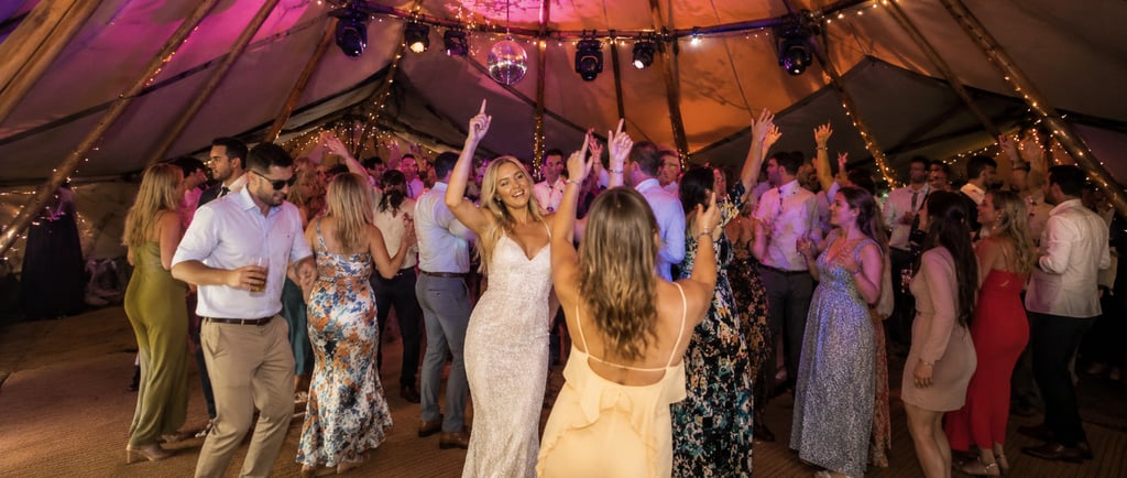 wedding crowd dancing to DJ Funkomatic at Alcott Weddings in Alvechurch