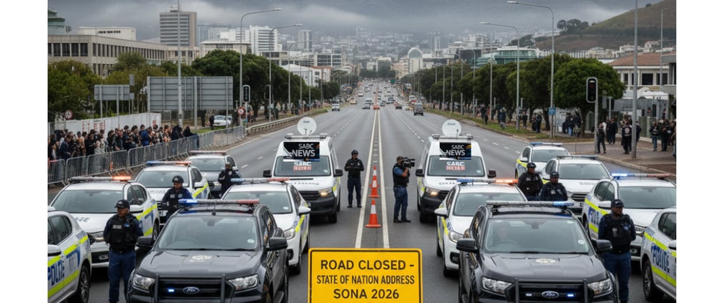 Vehicles depicting news and journalists vehicles, police and road closed sign
