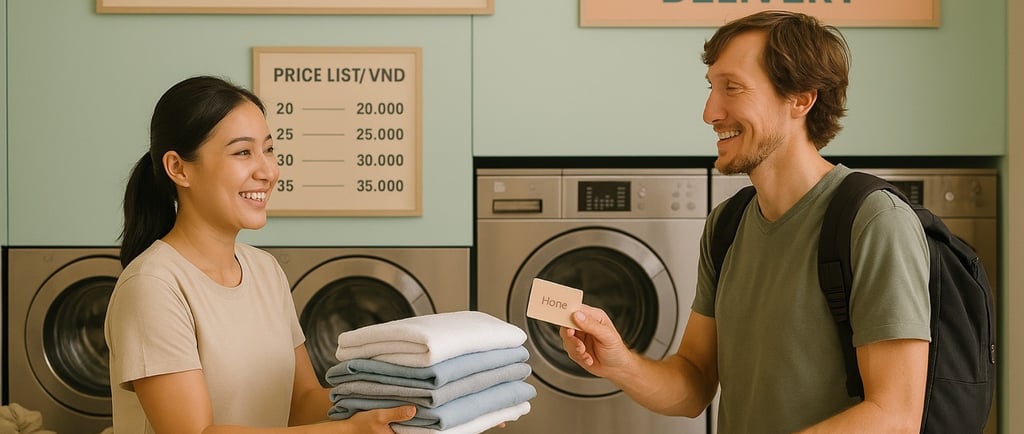 Laundromat staff hands folded laundry to tourist in pastel shop.